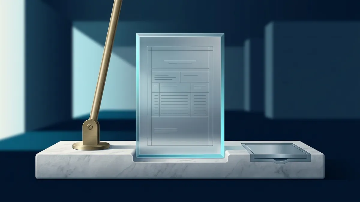 Illustration : une plaque de verre dépoli gravée d'une grille de document, posée dans la rainure d'un socle de marbre, entre une tige de laiton et un compartiment métallique scellé.