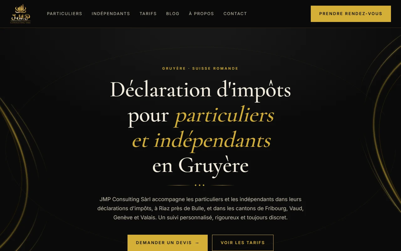 La page d'accueil du site de JMP Consulting : déclarations d'impôts pour particuliers et indépendants en Gruyère.